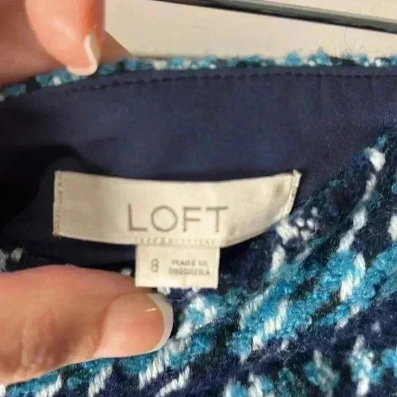LOFT Wool Blend Tweed Zipper Mini Skirt Size 8 Navy, Teal & White - Picture 2 of 8